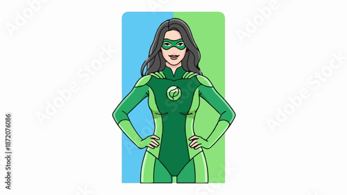 A female superhero in a green suit with a leaf emblem