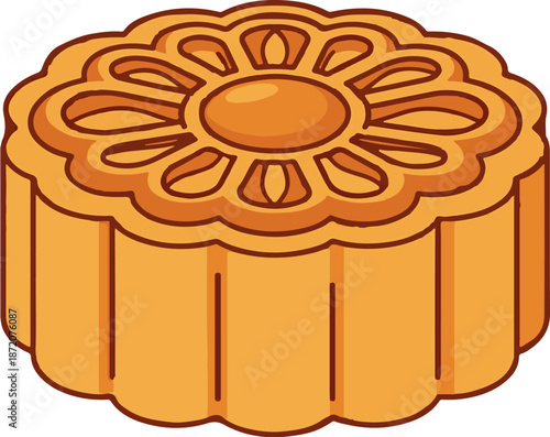 A golden-brown, round baked pastry with a decorative floral pattern on top