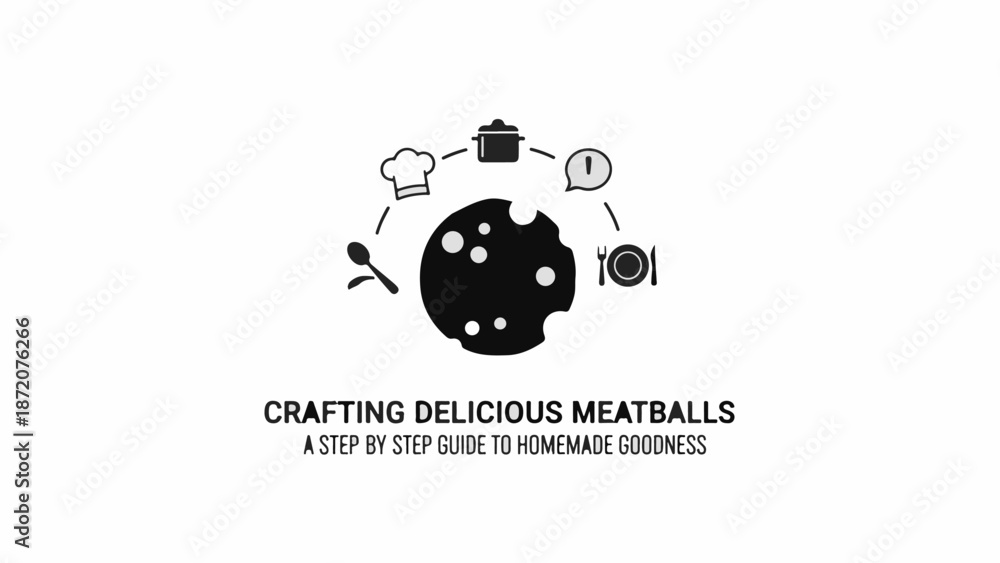 Fototapeta premium A graphic illustration depicts a central meatball surrounded by cooking icons, text highlights the recipe