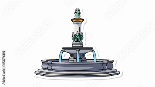 A grand stone fountain with tiered basins and sculpted figures, flowing with blue water