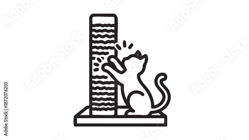 A cat climbing a skyscraper model on a base, depicted in simple illustration
