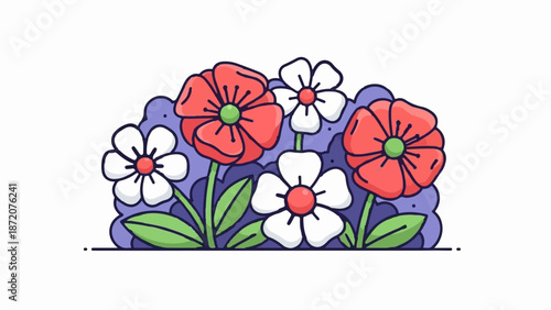 A colorful cartoon bouquet of red and white flowers with green leaves