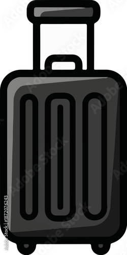 A graphic depiction of a black rolling suitcase with a retractable handle and textured panels