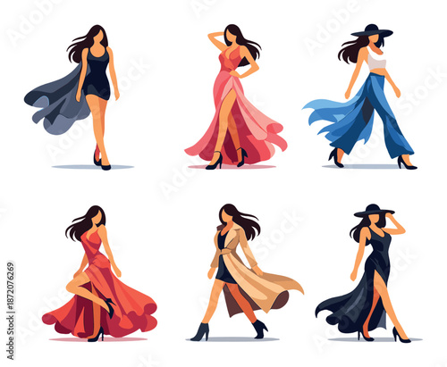 Fashion illustration with stylish women in elegant dresses and outfits