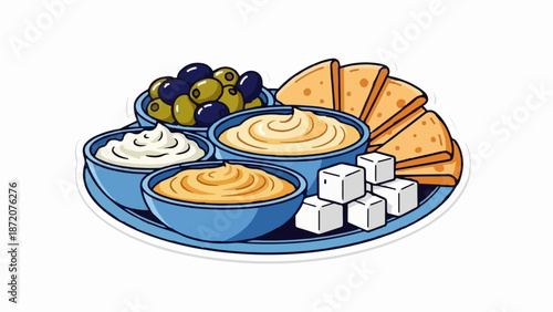 A colorful platter of assorted dips, olives, nachos, and cheese cubes