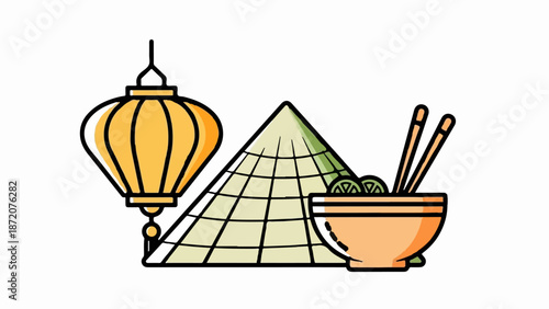 A graphic illustration featuring a glowing lantern, a conical hat, and a bowl of food with chopsticks