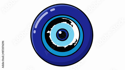 A graphic illustration of a blue evil eye amulet, featuring concentric circles of dark blue, light blue, black, and white