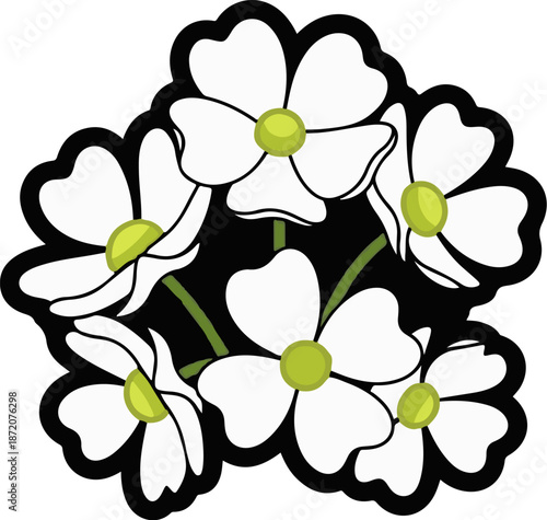 A graphic depiction of a cluster of five stylized white dogwood flowers with green centers and stems, set against a black background