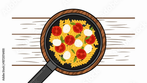 A colorful pasta dish with tomatoes and mozzarella balls in a pan on a wooden surface