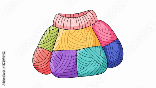 A colorful, patchwork-style knitted sweater with a high collar