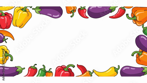 A colorful border of cartoon vegetables, including bell peppers and eggplants