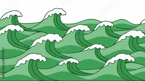 A graphic illustration of green waves crashing with white foam tops