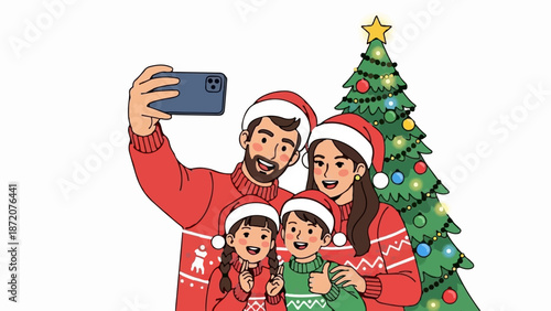 A festive family in ugly sweaters and Santa hats takes a joyful Christmas selfie by a decorated tree