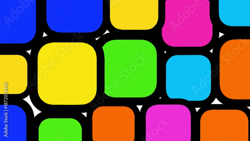 A graphic pattern of vibrant, rounded squares on a black background