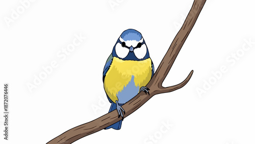 A colorful bird perched on a bare brown branch, facing forward