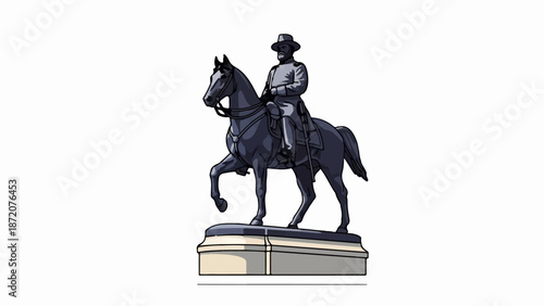 A dark, pixelated statue depicts a man in a hat, coat, and beard riding a horse