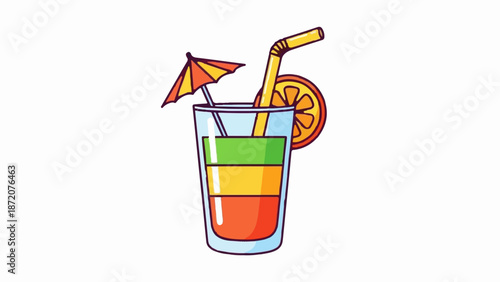 A colorful layered drink with an orange slice, straw, and umbrella