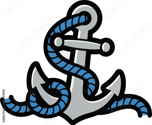 A gray anchor is wrapped with a blue rope, set against a white background