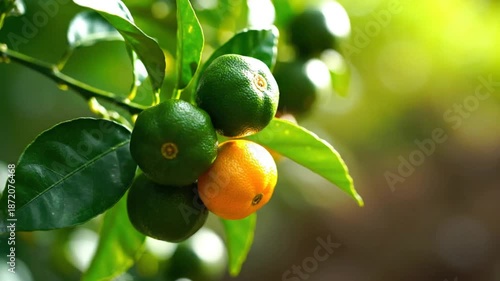 Close-up of a branch of citrus fruit on a tree with sunlight dappling leaves in a lush garden