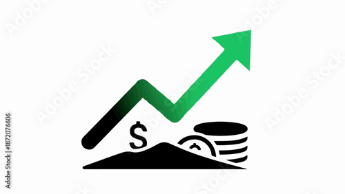 A green arrow ascends over coins and a dollar sign, indicating financial growth