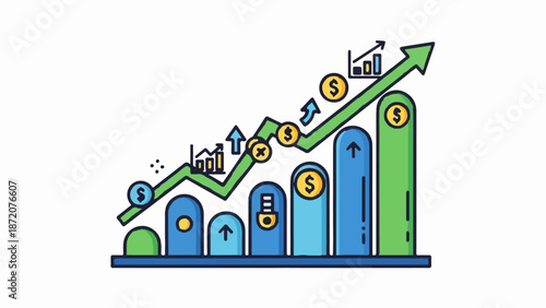 A colorful illustration of a rising financial graph with bar charts, coins, and arrows indicating growth