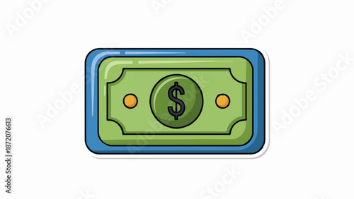 A green banknote with a dollar sign in a blue border