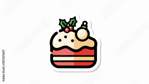 A festive layered cake slice adorned with holly, berries, and a shiny ornament