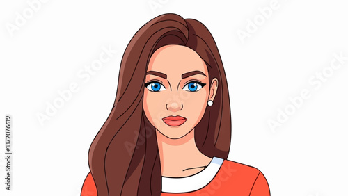 A colorful illustration of a young woman with flowing brown hair and striking blue eyes