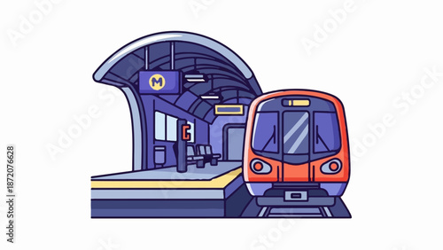 A colorful illustration of a metro station platform with a modern train