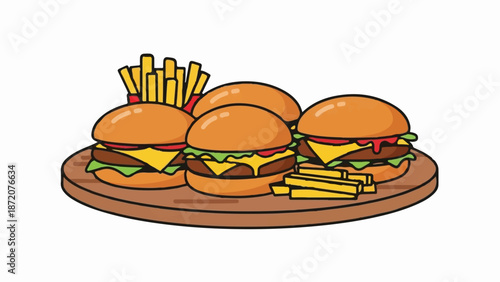 A colorful illustration of a platter with four juicy burgers and a serving of golden french fries