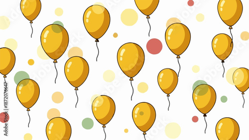 A festive pattern of floating golden balloons on a white background with scattered colorful circles