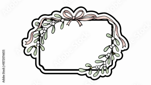 A decorative frame adorned with mistletoe and a pastel pink bow, featuring a blank space