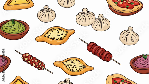 A colorful assortment of delicious foods, including dumplings, pastries, dips, and skewers, artfully arranged