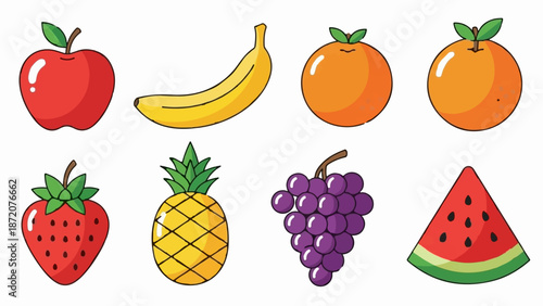 A colorful assortment of eight cartoon-style fruits arranged in two rows on a white background