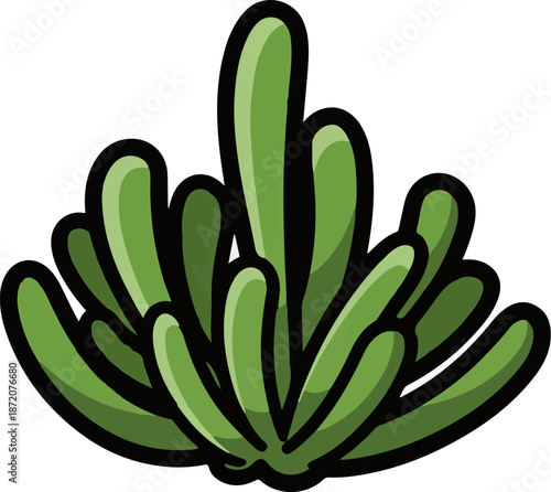 A green, cartoon-like succulent plant with plump, upright leaves and a thick black outline