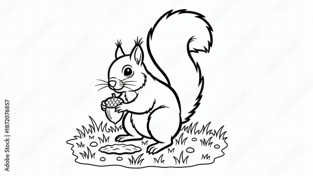Naklejka premium A cute squirrel sits on grass holding a ripe acorn.
