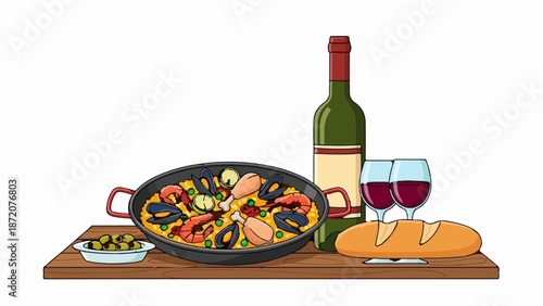A festive spread of seafood paella, crusty bread, olives, and wine glasses on a wooden board