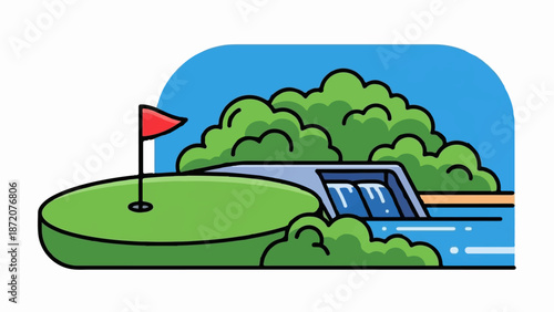 A green golf course with a red flag leads to a lush forested area with a dam and flowing water