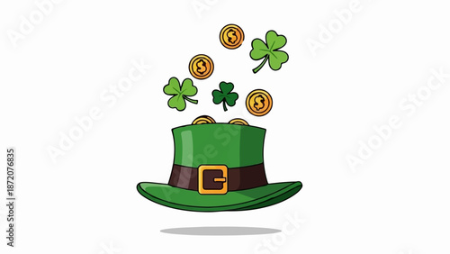 A green hat overflows with gold coins and clovers, suggesting luck and fortune