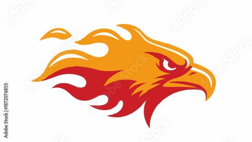 A fierce stylized bird head, possibly an eagle or phoenix, in vibrant red and orange with flame effects