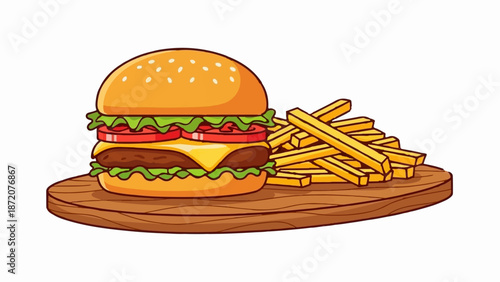 A delicious cartoon burger and french fries sit on a wooden cutting board