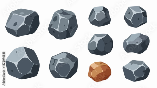 A collection of varied, geometric rocks, some grey and angular, others rounded, with one brown stone