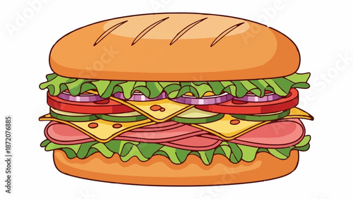 A delicious, cartoon-style sub sandwich overflowing with fresh ingredients