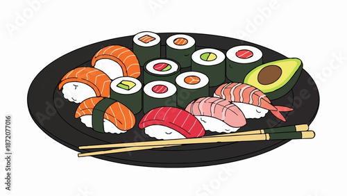 A delightful assortment of colorful sushi and avocado slices served on a black plate with chopsticks
