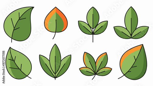 A collection of stylized green and orange autumn leaves, varied shapes and sizes