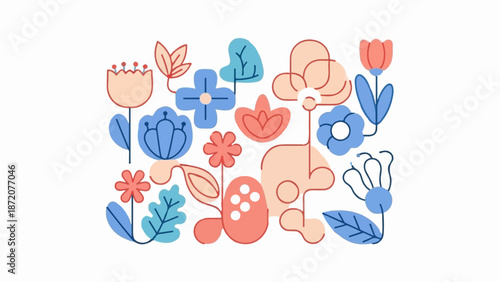 A delightful assortment of stylized, colorful flowers and leaves create a whimsical botanical pattern