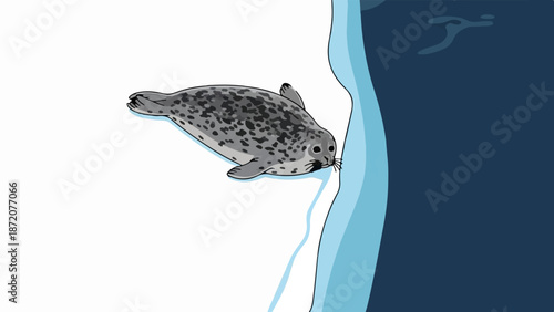 A grey seal with dark spots rests on an ice floe near deep blue water