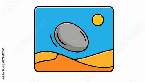 A grey rock tumbles over orange desert dunes under a bright blue sky and a yellow sun