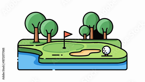 A flat, colorful illustration of a golf course with trees, a water hazard, and a sand trap