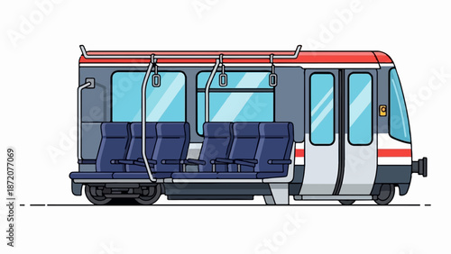 A flat design illustration of a modern train carriage interior, showing blue seats and windows